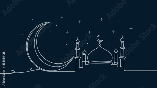 Islamic Mosque Silhouette with Crescent Moon and Stars - Minimalist Line Art