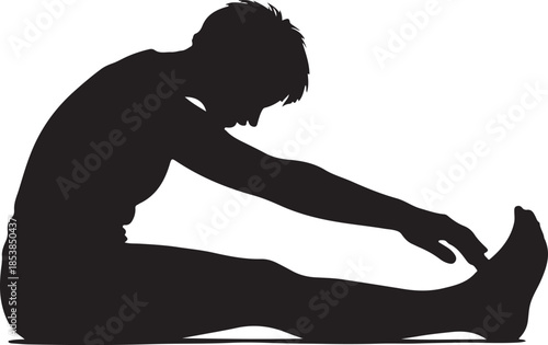Silhouette of a woman doing a seated forward bend stretch. Vector illustration of a female athlete reaching for his toes during a yoga or fitness workout.