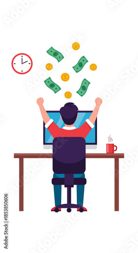 Man celebrating financial success working on computer at desk.