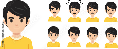 Male avatar facial expressions set, young boy emotions collection, cartoon character faces, flat vector illustration isolated white background design pack