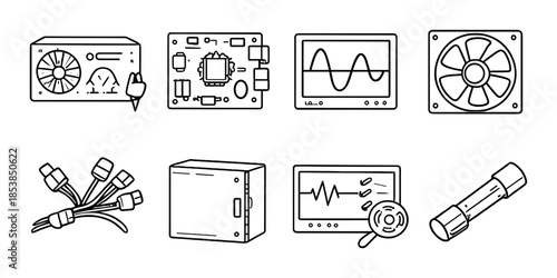 Electronic components and tools: circuit boards, oscilloscope, fan, cables, flashlight
