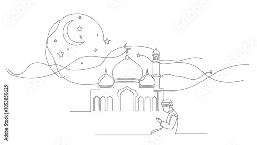 Islamic prayer night scene, mosque, man praying, moon, stars, continuous line art