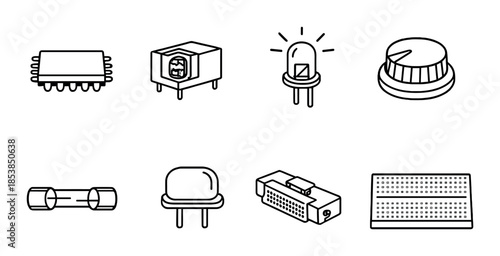 Electronic components icons: circuit, transistor, led, resistor, breadboard