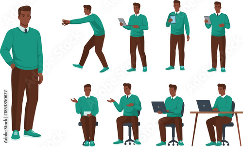 Male business character set, professional office worker poses, modern corporate lifestyle activities, flat vector illustration isolated white background
