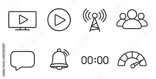 Minimalist media icons: play, broadcast, network, chat, alert, timer, speed