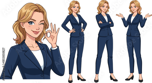 Professional businesswoman character set, confident female manager poses, corporate suit gestures, modern office avatar, flat vector illustration isolated white background