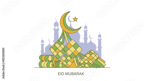 Ketupat and Mosque Silhouette for Eid Mubarak Celebration - Islamic Festive Design
