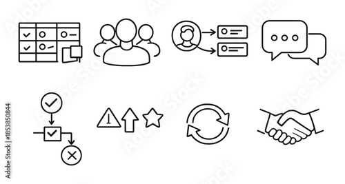 Business workflow icons on grayscale background depicting team communication and task management