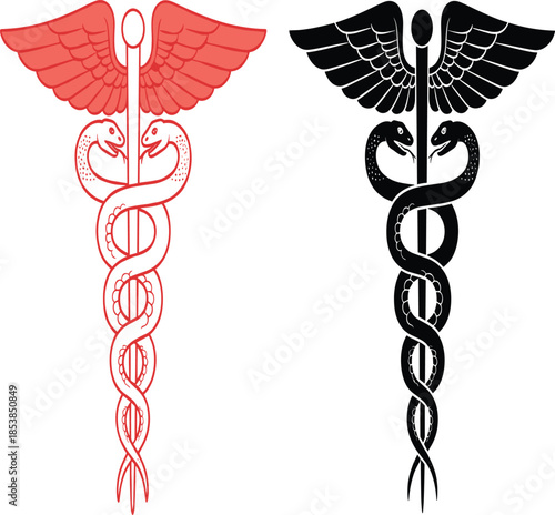 Set of Caduceus Medical Symbols in Red Outline and Black Silhouette Style for Hospital and Pharmacy Branding Design.
