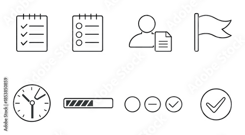 Monochrome task management icons with checklists and completion symbols