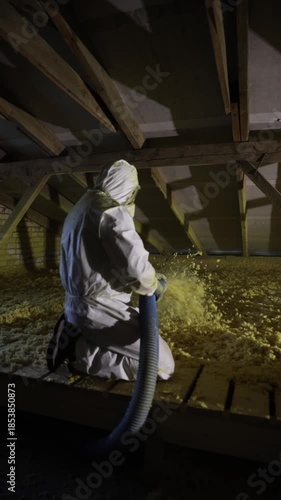 Worker in protective suit kneels on joists, spraying yellow loose fill insulation with blue hose in an attic. Low directional light highlights dust and rafters.