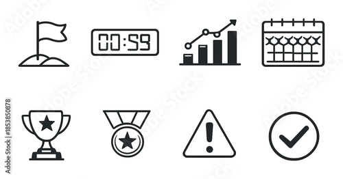 Monochrome icons of achievement and time management