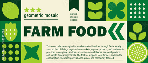 Eco mosaic banner with geometric leaf and flower pattern for nature background.