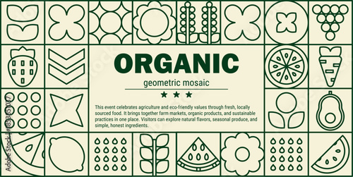 Nature eco line banner with abstract leaf and flower fruits farm mosaic pattern.