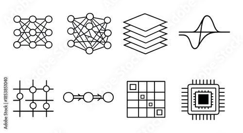 Black and white neural network diagrams on gradient background