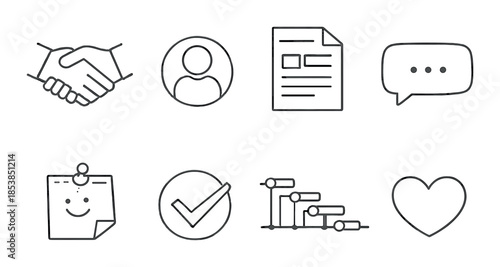 Minimalist line icons: handshake, profile, document, chat, note, check, graph, heart
