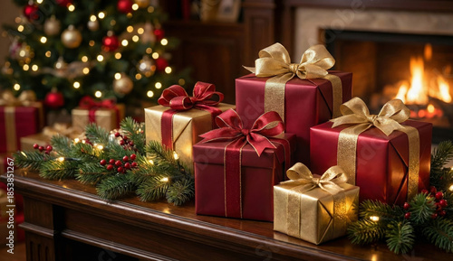 Festive Christmas gift boxes wrapped in red and gold paper placed under a decorated Christmas tree, warm holiday lighting, cozy indoor atmosphere, seasonal celebration concept, high-quality photograph