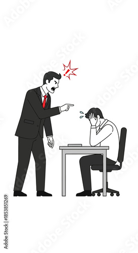 Angry boss scolding employee at desk in office workplace.