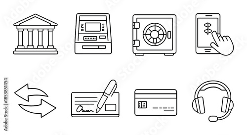 Banking icons: atm, vault, mobile payment, currency exchange, check, credit card, support