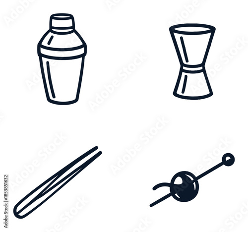 Minimalist bartender icons: shaker, jigger, tweezers, olive pick