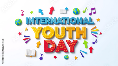 International Youth Day 3D text illustration with colorful icons. Celebration background with globe, book, and music symbols. Global holiday concept for banner or poster