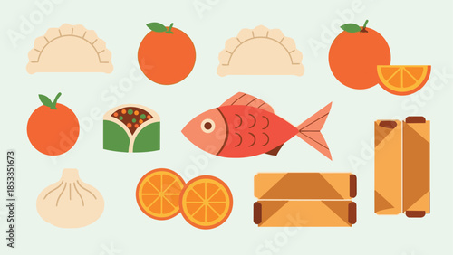 Lunar New Year Foods, Dumplings, Oranges, Fish, and Spring Rolls
