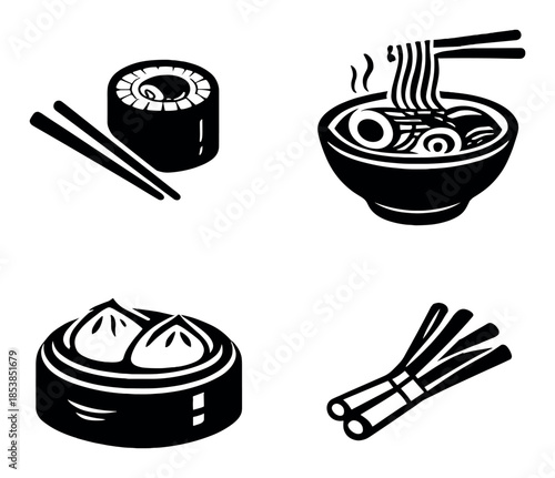 Black and white icons of asian cuisine: sushi, ramen, dim sum, and chopsticks