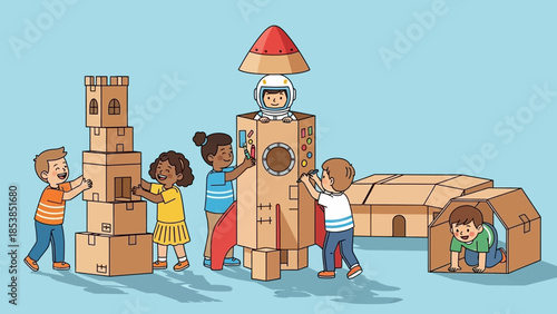 Children Building Cardboard Rocket Ship and Castle.