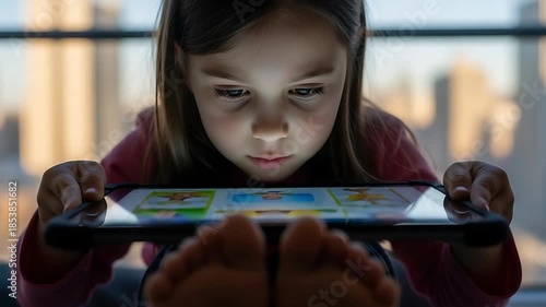 child using tablet at home with city view learning on screen