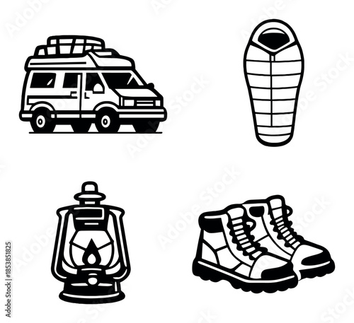 Camping adventure essentials: van, sleeping bag, lantern, boots icons on gray background