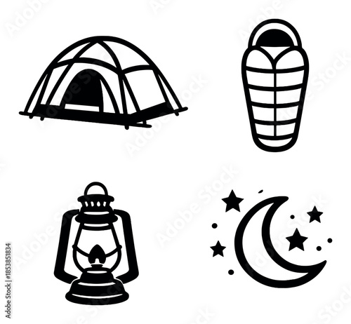 Camping icons: tent, sleeping bag, lantern, night sky with crescent moon and stars