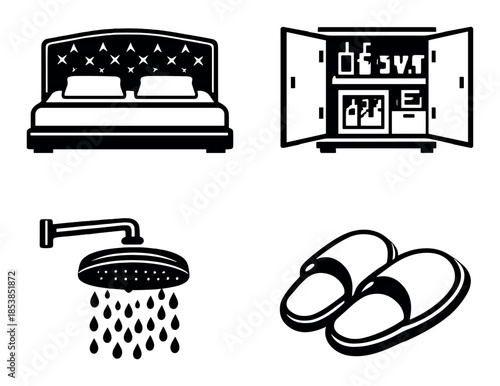 Minimalist bedroom icons: bed, wardrobe, shower, and slippers on gray background