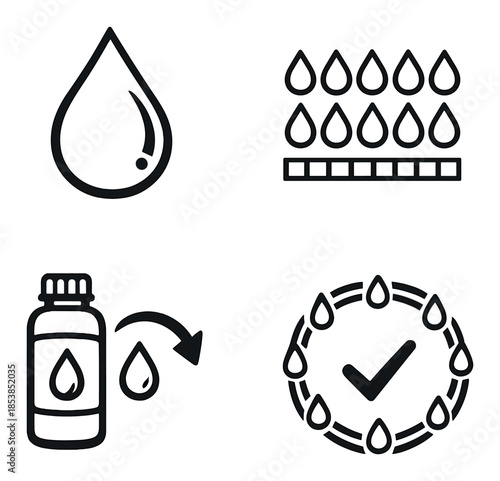 Water droplet icons featuring bottle, droplet spray, and checkmark design elements