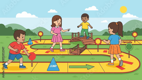 Children playing a giant board game outdoors.