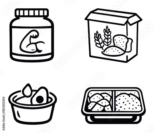 Fitness nutrition icons featuring supplements, cereal, salad, and prepared meal illustrations