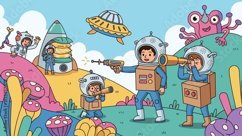 Children playing astronauts on an alien planet with cardboard box costumes and toy weapons, surrounded by colorful alien plants and friendly monsters.