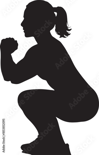 Silhouette of a Fit Woman Performing a Deep Squat Exercise on a White Background