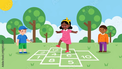 Children playing hopscotch in a park on a sunny day.