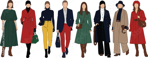 Stylish women fashion illustration collection featuring modern coats, elegant outfits, seasonal trends, handbags, footwear, and contemporary female street style design