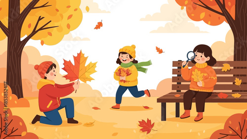 Children playing in autumn park with colorful leaves.