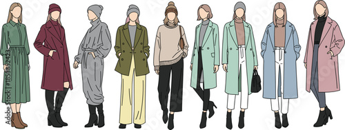 Women fashion illustration lineup featuring modern outfits, casual and elegant styles, seasonal clothing, streetwear trends, and contemporary female lifestyle design
