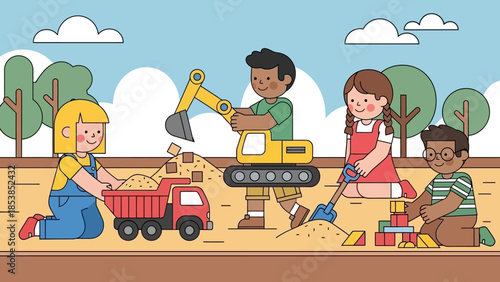 Children Playing in Sandbox with Toy Excavator and Truck.
