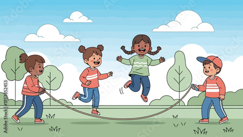 Children playing jump rope outdoors in a park.