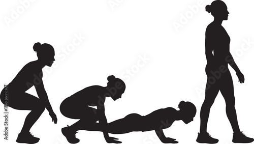 Woman performing burpee exercise sequence silhouette vector illustration