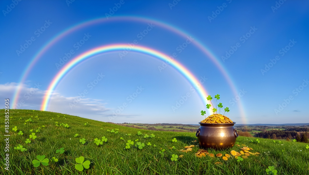 custom made wallpaper toronto digitalA pot of gold with shamrocks at the end of a rainbow on a green hill. St. Patrick's Day concept of luck and fortune. Idyllic Irish landscape background