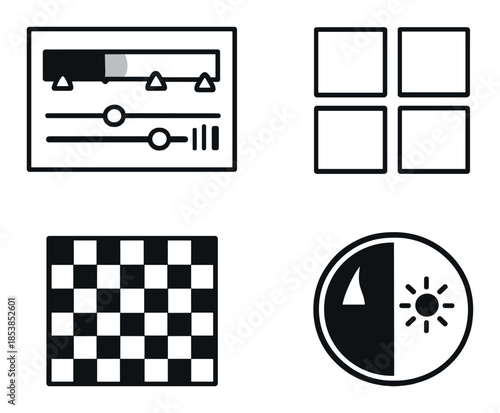 Minimalist vector icons for settings, layout, grid, and brightness on gradient background