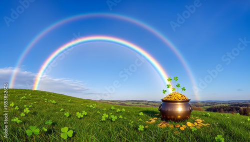 Wallpaper Mural A pot of gold with shamrocks at the end of a rainbow on a green hill. St. Patrick's Day concept of luck and fortune. Idyllic Irish landscape background Torontodigital.ca