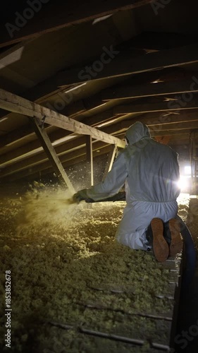 Worker Blows Loose Fill Insulation Into Attic Ceiling Cavity. A worker in protective suit kneels on joists, blowing yellow fill, backlit hatch creates lens flare and dust motes.