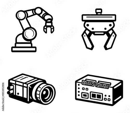 Robotics and technology icons: arm, drone, camera, processor