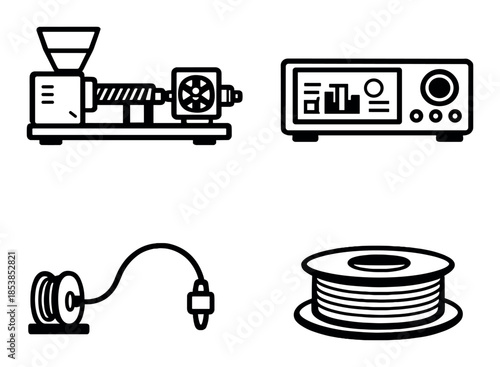 3d printing icons: filament, extruder machine, control panel, nozzle